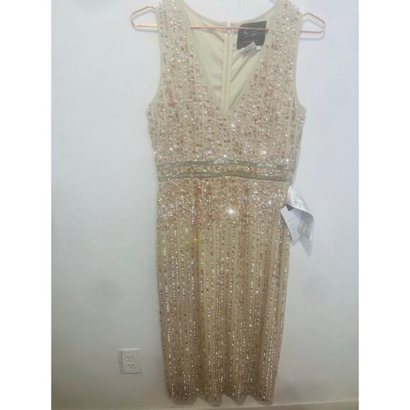 MAC DUGGAL Women's Beige Sequined Sleeveless V-Neck Midi Sheath Dress Size 6 - Picture 4 of 9